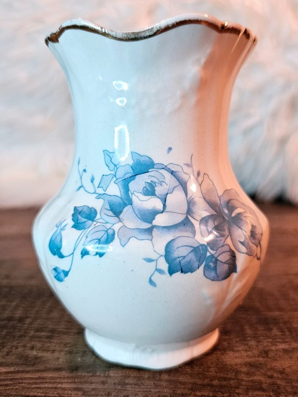 Antique Anchor Pottery 4.75” Small White Porcelain Vase with Blue Roses